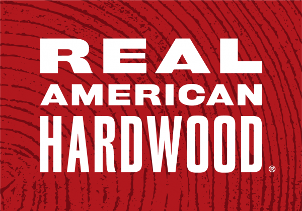 Real American Hardwood text with red wood background